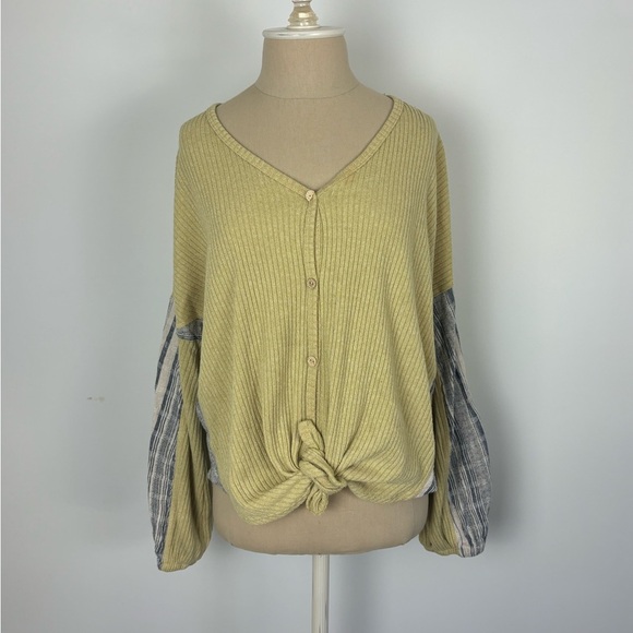 Peach Cove Button Up Sweater Yellow Plaid Front Tie Small - Picture 1 of 7